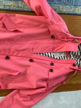 Joules Coral Pink Hooded Rain Jacket with Navy Stripe Lining